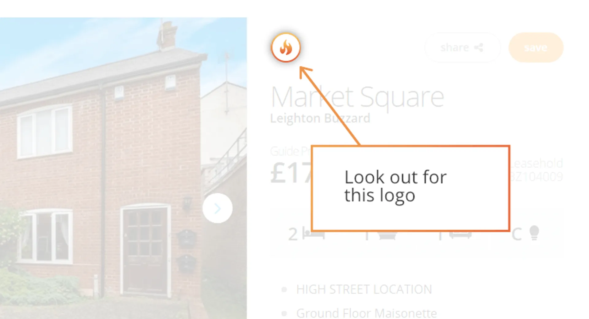 Property listing with the Hot Property flame icon beside the address