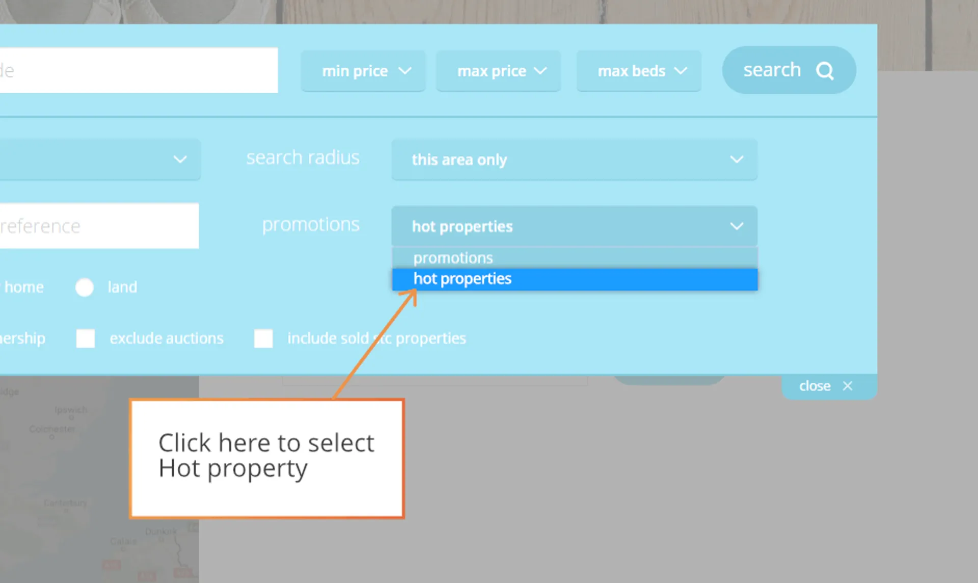 Advanced search with 'Hot properties' selected in the promotions menu
